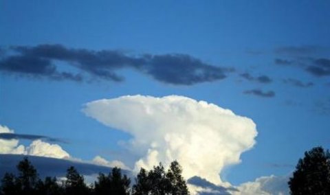 新疆昭蘇草原の上空には“キノコ状雲”奇観が2時間位続いてきました。